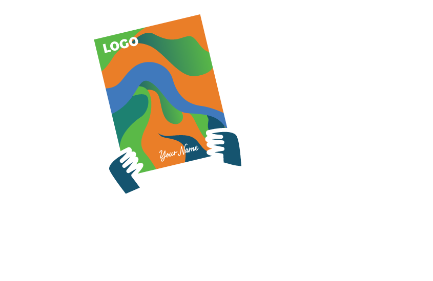 Line Illustration of a woman holding a custom piece of artwork smiling.