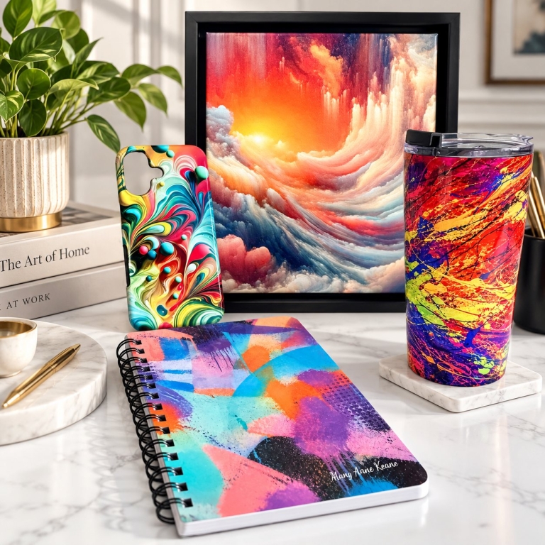 Voice-to-art designs on a framed canvas, phone case, tumbler and spiral notebook arranged on a marble desk