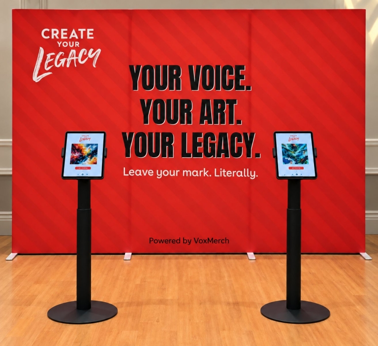 Two VoxMerch voice-to-art kiosks on floor stands in front of a red