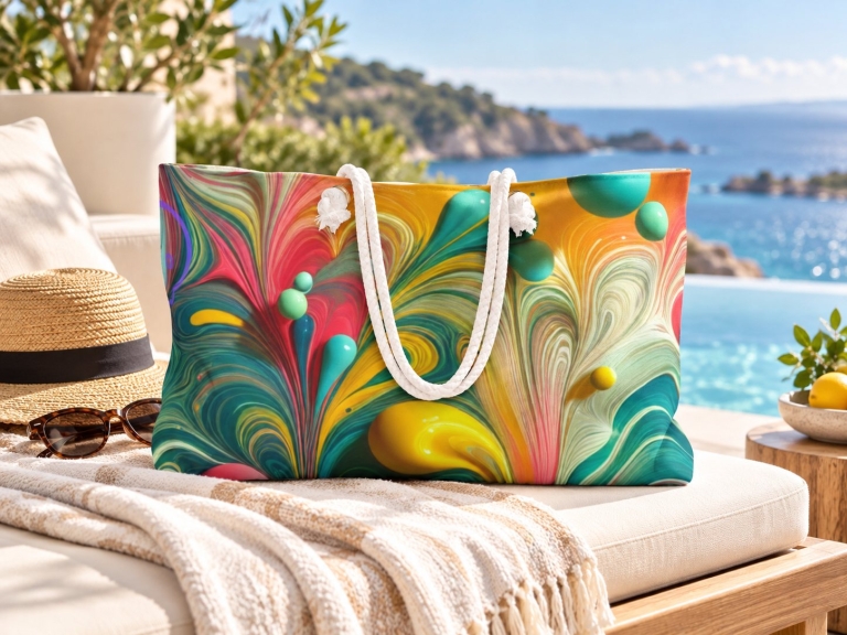Weekender tote bag with rope handles printed with colorful marbled AI artwork, shown on a lounge chair by the sea