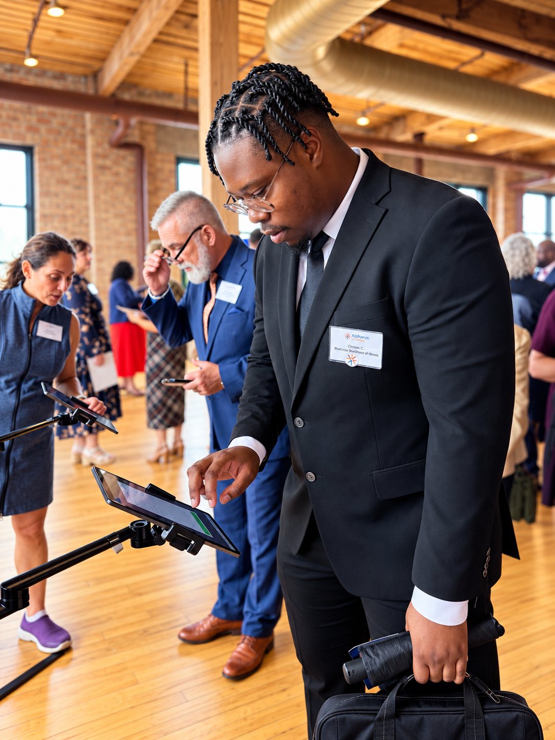 capturing data insights Attendee in a dark suit looking down at a VoxMerch tablet kiosk on a floor stand to record his answer at an event
