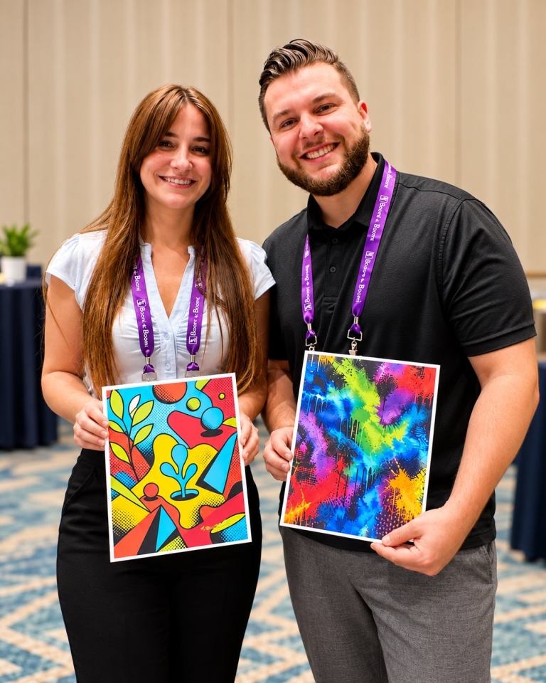 Two conference attendees wearing lanyards and holding colorful printed AI artwork made from their voices